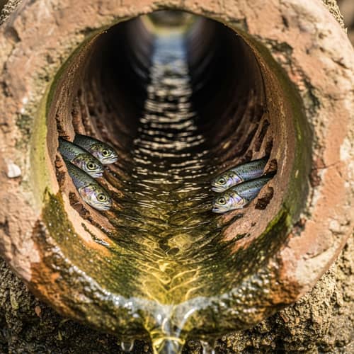 Clay Pipe Leak: Water with Trout in Small Crevices