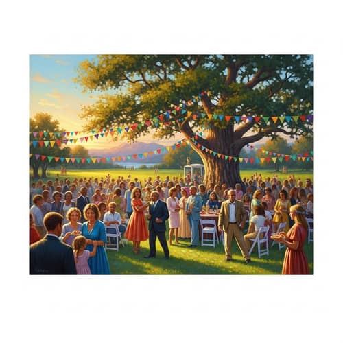 Outdoor Celebration Oil Painting | Vibrant Colors & Majestic Tree