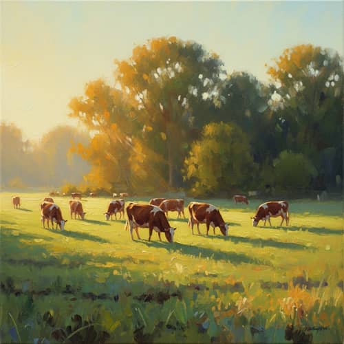 Countryside Cows Grazing Scene | Impressionism Style
