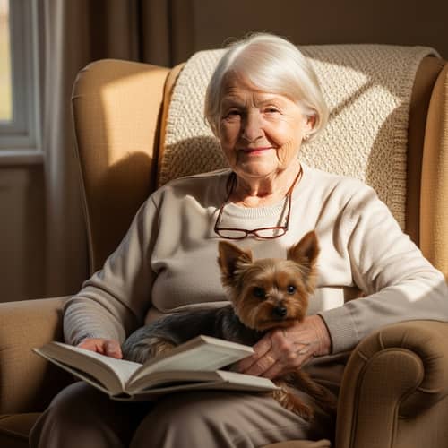 Elderly Lady Relaxing with Yorkshire Terrier | Serene Reading Moment