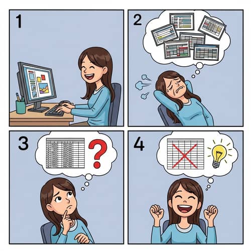 Brunette Girl's Emotional Journey: Computer Work to Brilliant Idea