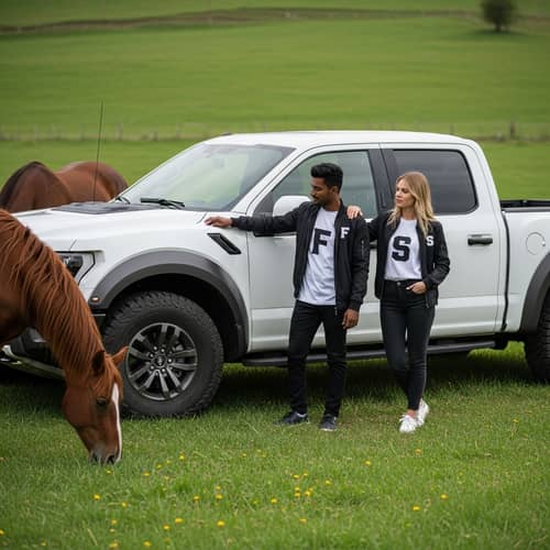 White Ford Raptor Truck & Horses in Lush Green Field Scene