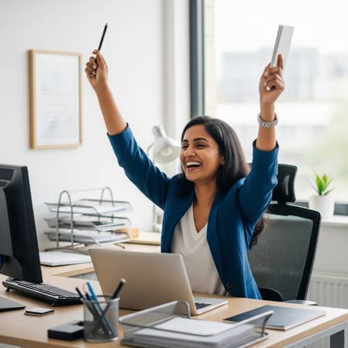 Joyful South Asian Woman in Professional Office Setting