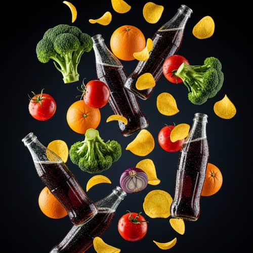 Colorful Food Products Cascading on Elegant Black Background