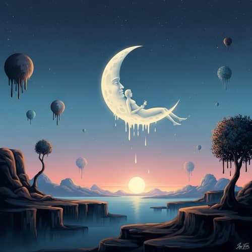 Surreal Moonlit Scene with Crescent Man - Ethereal Art