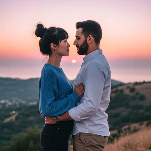 Young Multicultural Couple Embracing Love on Hilltop