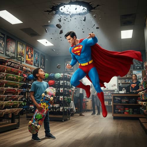 Black Child Steals Skateboard, Superhero Superman Intervenes