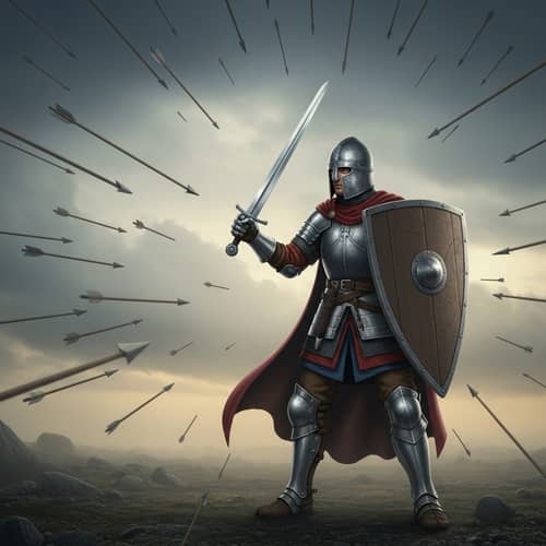 Courageous Cartoon Soldier with Sword and Shield Defending Against Arrows
