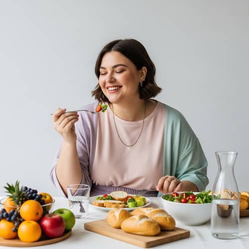Healthy Meal Enjoyed by Smiling Woman at Table