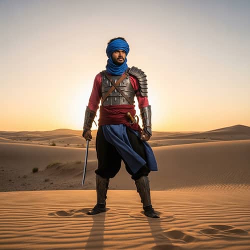 Passionate Warrior at Dawn in Expansive Desert Landscape