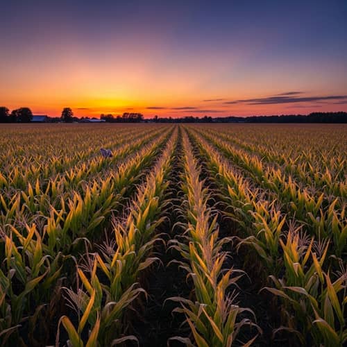 Vibrant Sunset Cornfield: Picturesque Farm Scene