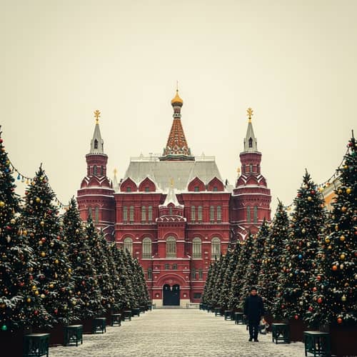 Snow-Covered Building in a Festive Morning Scene