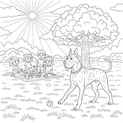 Monochrome Great Dane Playing Fetch in Park - Coloring Book Sketch