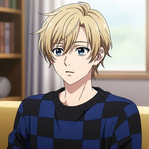 Anime Style Boy with Light Blonde Hair and Checkered Sweater