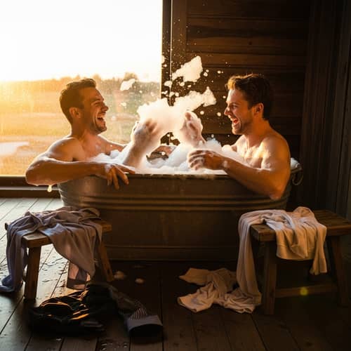 Caucasian Men Having Fun in a Large Basin | Laughter Amid Bubbles