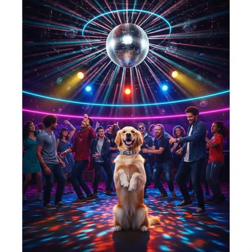 Colorful Disco Scene with a Playful Golden Retriever