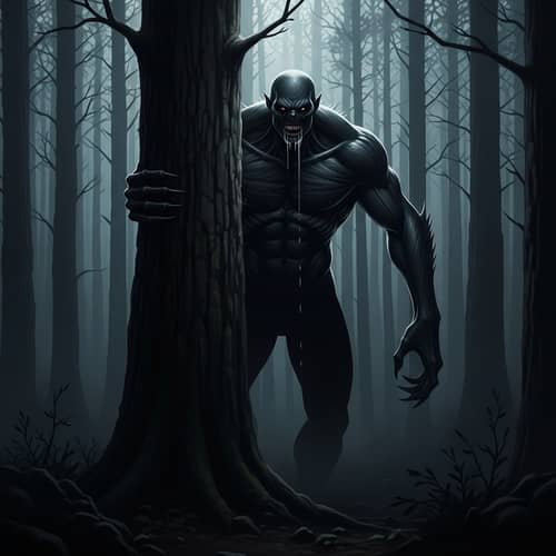 Dark and Mysterious Encounter with Towering Humanoid in Ominous Forest
