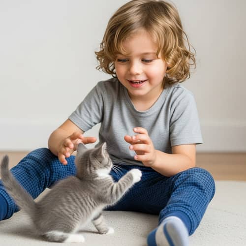 Joyful Caucasian Boy Playing with Adorable Kitten