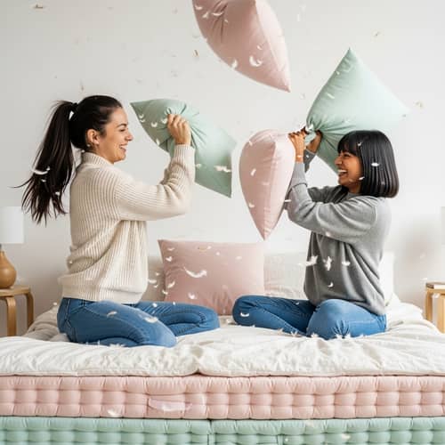 Playful Pillow Fight Between Diverse Women | Vibrant Pastel Colors