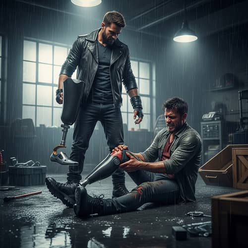 Dramatic Scene: Alpha Holds Prosthetic Leg, Beta In Distress