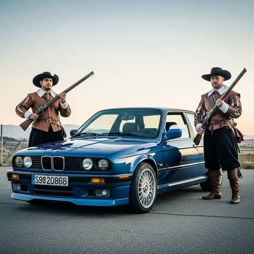 Blue BMW 325is Parked with 17th-century Musketeers
