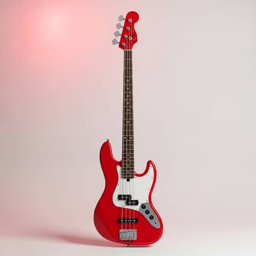 Vivid Red Bass Guitar - Harmonious Design with Gleaming Metal Strings
