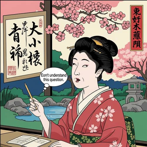 Japanese Style Illustration of Middle-Aged Woman Conducting a Quiz