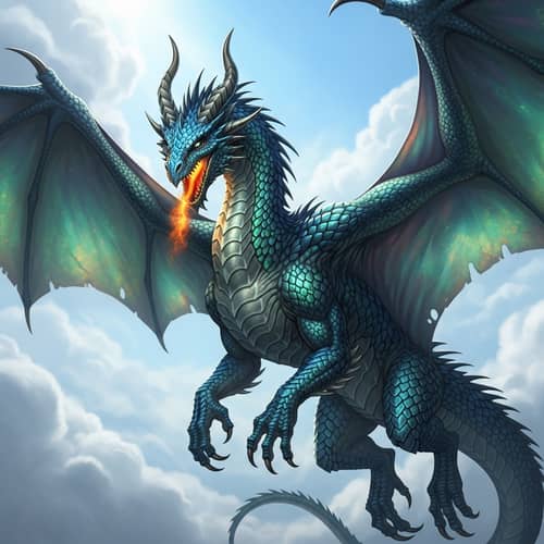 Majestic Dragon Soaring in Sky with Glowing Eyes and Fiery Breath