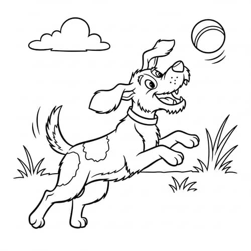 Playful Dog Cartoon Drawing for Kids - Black and White Style