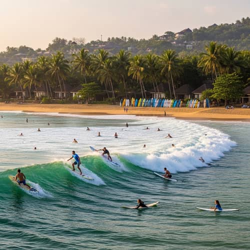 Surfer's Paradise: Beach Scenes with Diverse Surfers and Colorful Sky