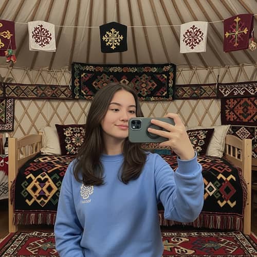 Kyrgyz Teenage Girl Captures Cultural Elegance in Cozy Bedroom