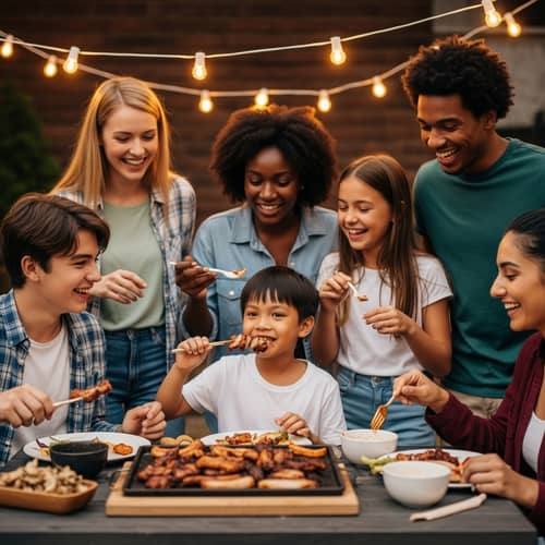 Multicultural BBQ Party: Filipino Child Enjoying Samgyupsal with Friends