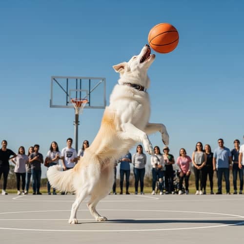 Energetic White Border Collie Playing Basketball