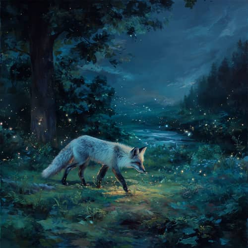 Moonlit Glade with a Silver Fox and Fireflies