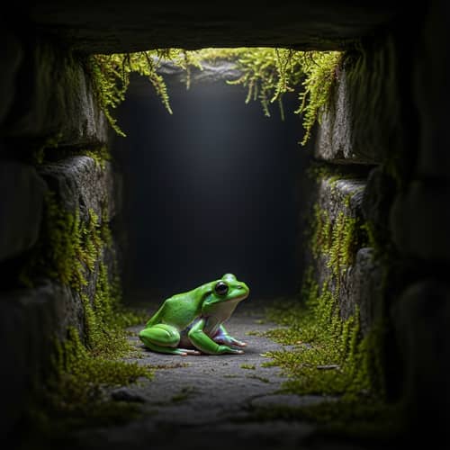 Vibrant Green Frog in Shadowy Pit | Nature-Inspired Scene