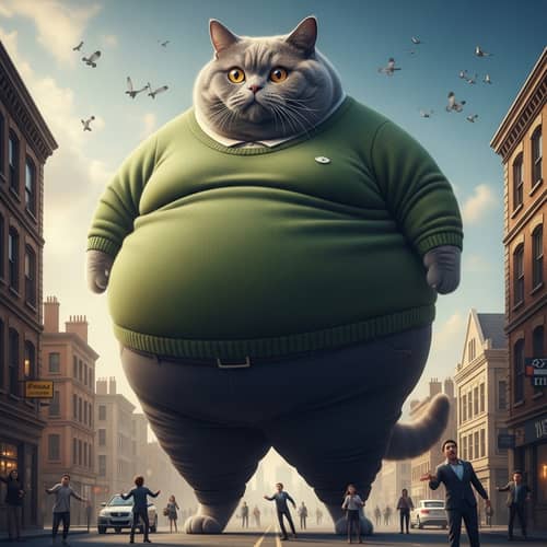 Massively Overweight Grey British Cat in Realistic City Setting