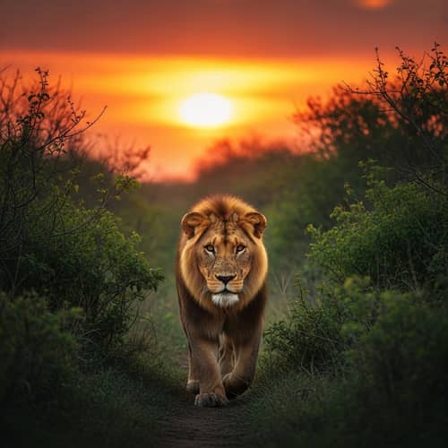 Majestic Lion Striding in Forest at Sunset