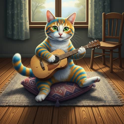 Playful Cat Strumming Guitar on Cozy Cushion