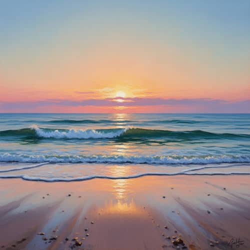 Tranquil Beach Sunset Oil Painting - Impressionism Artwork