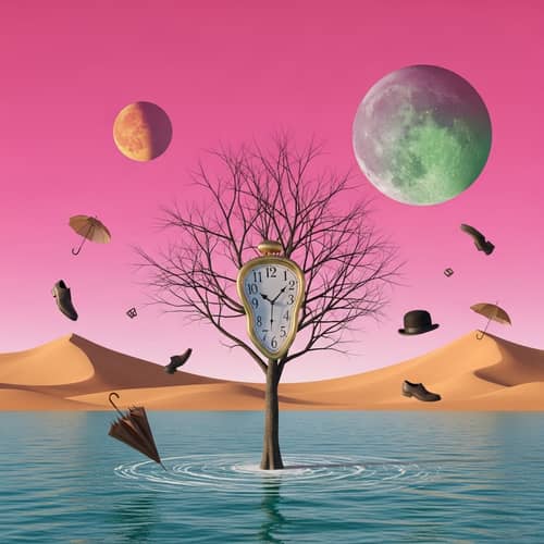 Surrealism Art: Multiverse with Melting Clock, Floating Objects