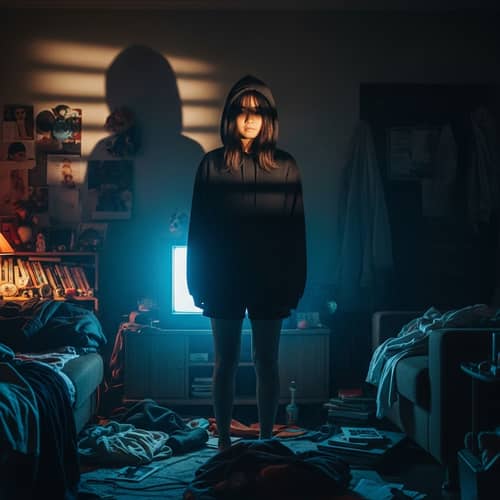 Young Asian Woman Standing in Dark Room | Hoodie & Shorts