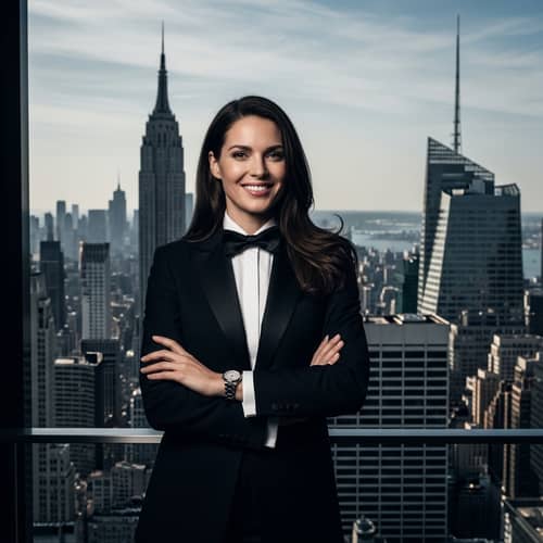Stylish Woman in Tuxedo with NYC Skyscrapers | Fashion Photography