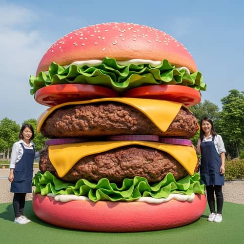 Whimsical Giant Burger with Candy-like Pink Buns and Sizzling Patties
