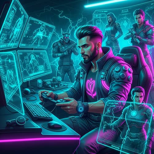 Futuristic Cyberpunk Gamer in Neon Gaming Room