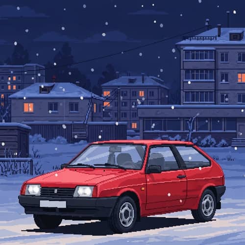 Cherry Red LADA 2109 in Soviet-Era Russian Town | Winter Scene