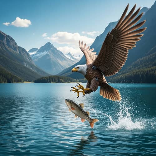 Robotic Eagle Fishing in Mystic Lake - Stunning Scenery