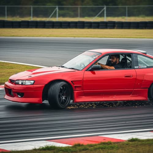 Roaring Drift Car on Open Race Circuit
