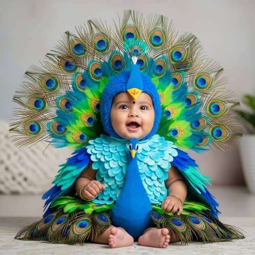 Joyous South Asian Baby in Colorful Peacock Costume