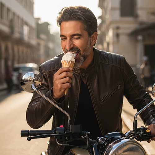 Middle-aged Indian Man Enjoying Vanilla Ice Cream on Motorbike