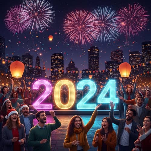 2024 New Year Celebration with Diverse Crowd and Fireworks Display